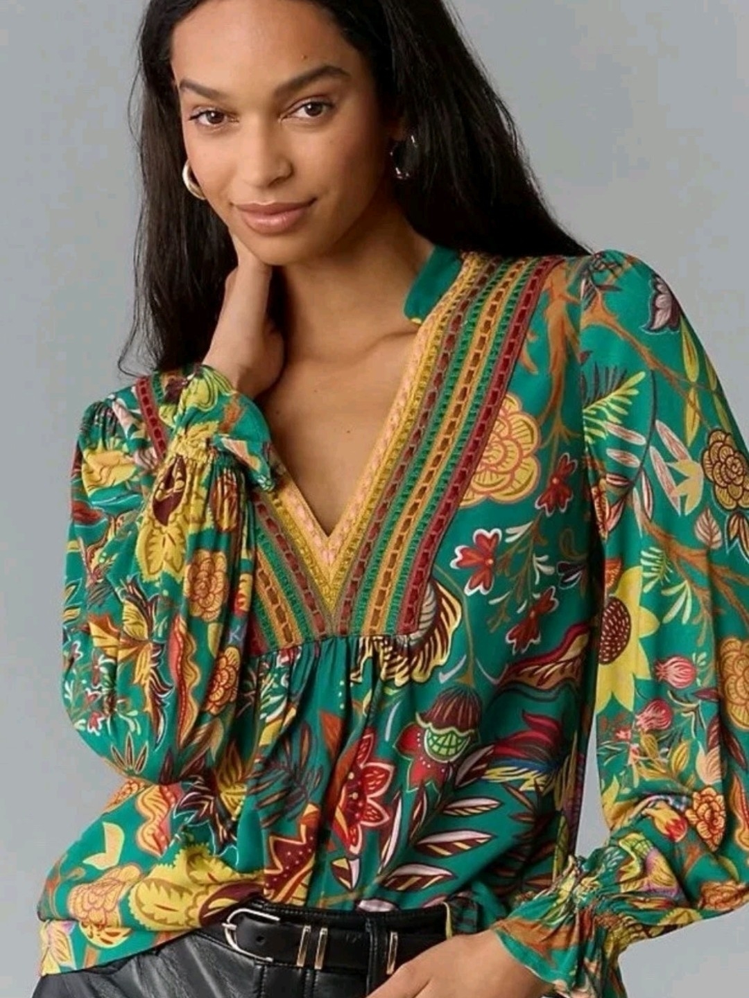 New! Anthropologie Floral V-Neck Peasant Blouse - Green, Sz Xl, Nwt, $118 Retail